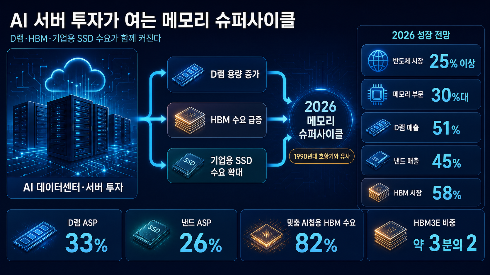인포그래픽 - 2025년 말부터 빅테크와 인공지능 기업의 수요가 이끄는 메모리 슈퍼사이클이 시작된 것으로 평가됨.