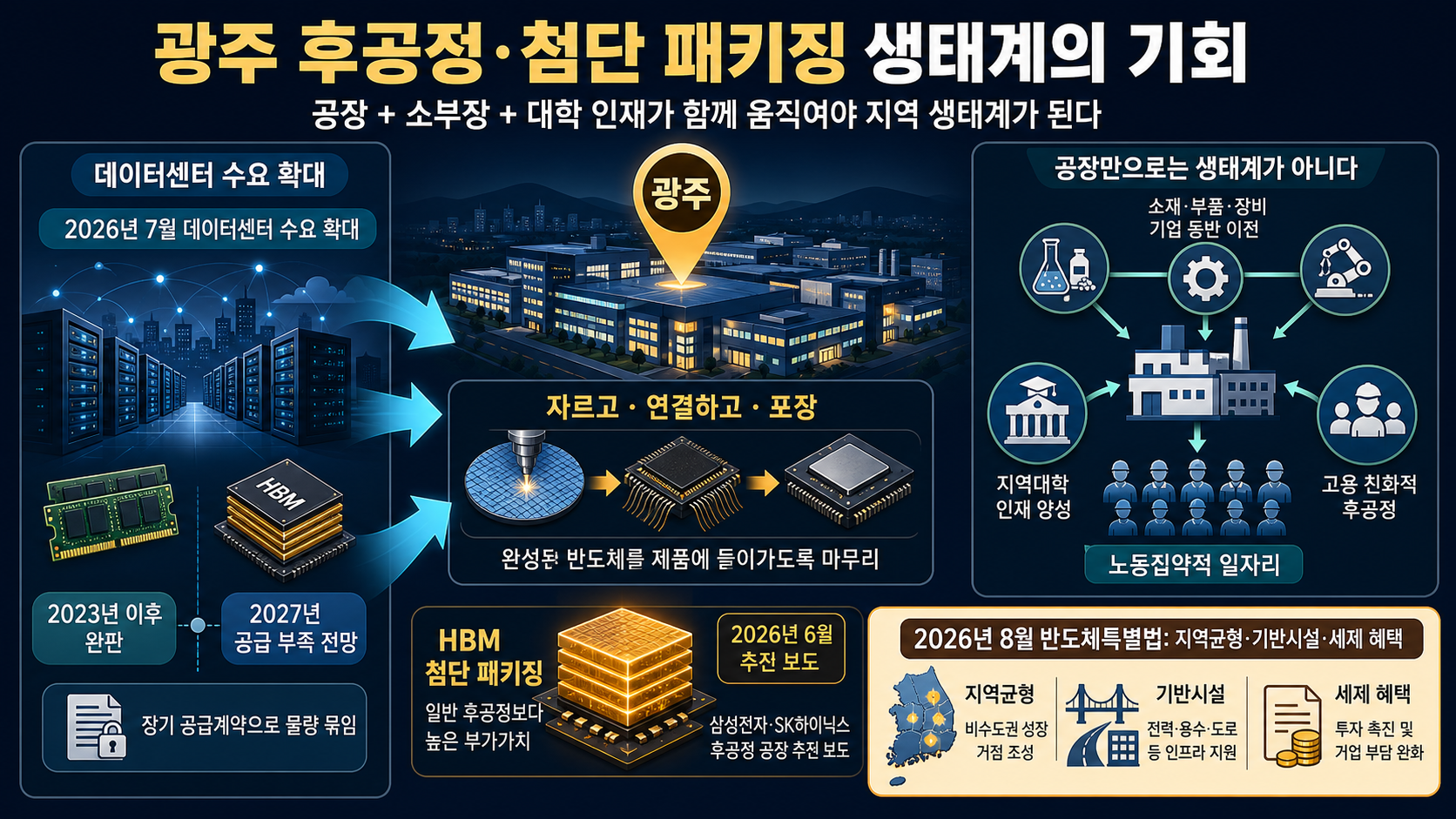 인포그래픽 - 2026년 6월 삼성전자와 SK하이닉스가 광주에 반도체 후공정 공장을 짓는 방안을 추진하는 것으로 알려짐.